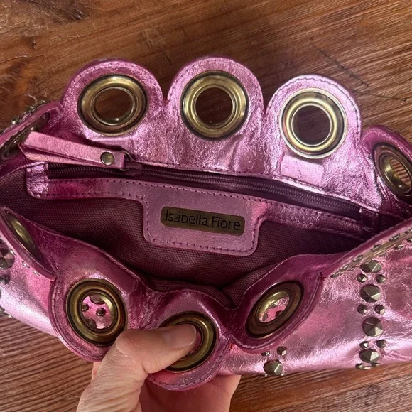 Isabella Fiore Pink Metallic Leather Clutch with Gold Studs Accents - Picture 3 of 3